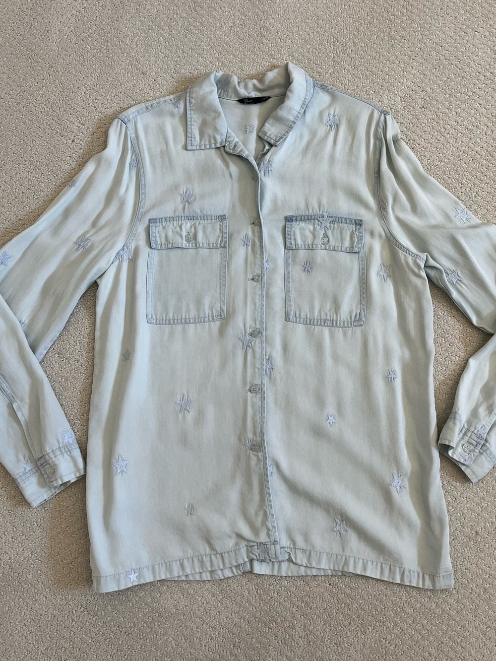 Light Blue Embroidered Star Button-Up Shirt -Velvet Heart